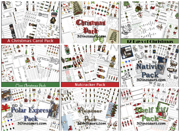 75+ Christmas Printables for Kids - with themed packs, learning to read, math, numbers, shapes and more - 3Dinosaurs.com