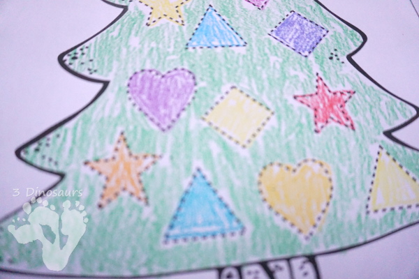 Free Christmas Tree Spin & Trace Shapes - 2 pages of no-prep shape tracing for kids - 3Dinosaurs.com #nopreprprintables #christmas #shapesforkids #freeprintables