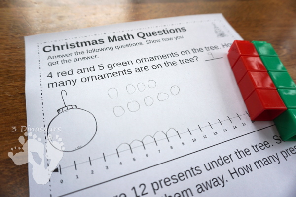 Free No-Prep Christmas Addition Word Printables - 3 pages of no-prep addition and subtraction word problems with a number line - 3Dinosaurs.com #nopreprprintables #mathforkids #freeprintables
