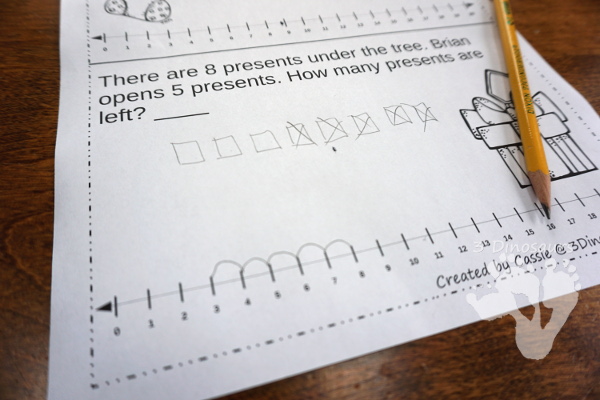 Free No-Prep Christmas Themed Addition Word Printables - 3 pages of no-prep addition and subtraction word problems with a number line - 3Dinosaurs.com #nopreprprintables #mathforkids #freeprintables