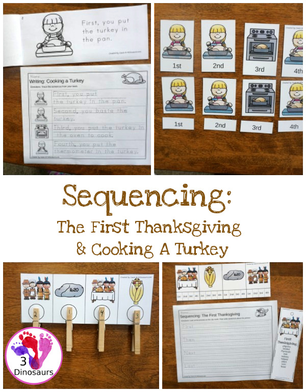 Sequencing: The First Thanksgiving & Cooking a Turkey -  with clip cards, task cards, no-prep worksheets and easy reader books $ - 3Dinosaurs.com #printablesforkids #sequencingforkids #fallprintables #tpt #teacherspayteachers