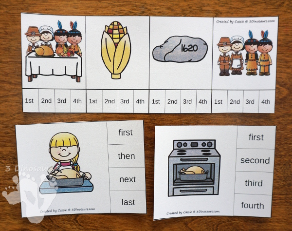 Sequencing: The First Thanksgiving & Cooking a Turkey -  with clip cards, task cards, no-prep worksheets and easy reader books $ - 3Dinosaurs.com #printablesforkids #sequencingforkids #fallprintables #tpt #teacherspayteachers