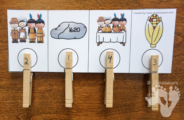 Sequencing: The First Thanksgiving & Cooking a Turkey -  with clip cards, task cards, no-prep worksheets and easy reader books $ - 3Dinosaurs.com #printablesforkids #sequencingforkids #fallprintables #tpt #teacherspayteachers