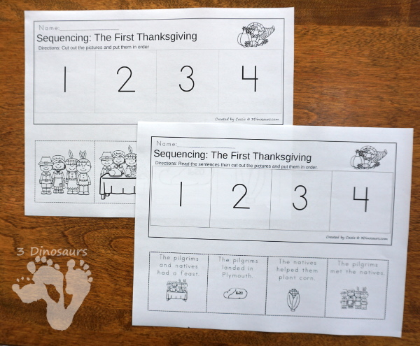 Sequencing: The First Thanksgiving & Cooking a Turkey -  with clip cards, task cards, no-prep worksheets and easy reader books $ - 3Dinosaurs.com #printablesforkids #sequencingforkids #fallprintables #tpt #teacherspayteachers