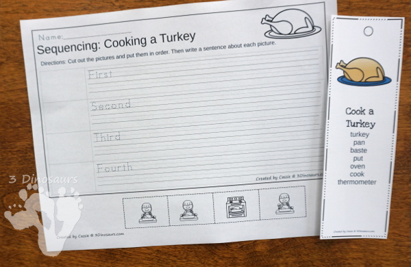 Sequencing: The First Thanksgiving & Cooking a Turkey -  with clip cards, task cards, no-prep worksheets and easy reader books $ - 3Dinosaurs.com #printablesforkids #sequencingforkids #fallprintables #tpt #teacherspayteachers