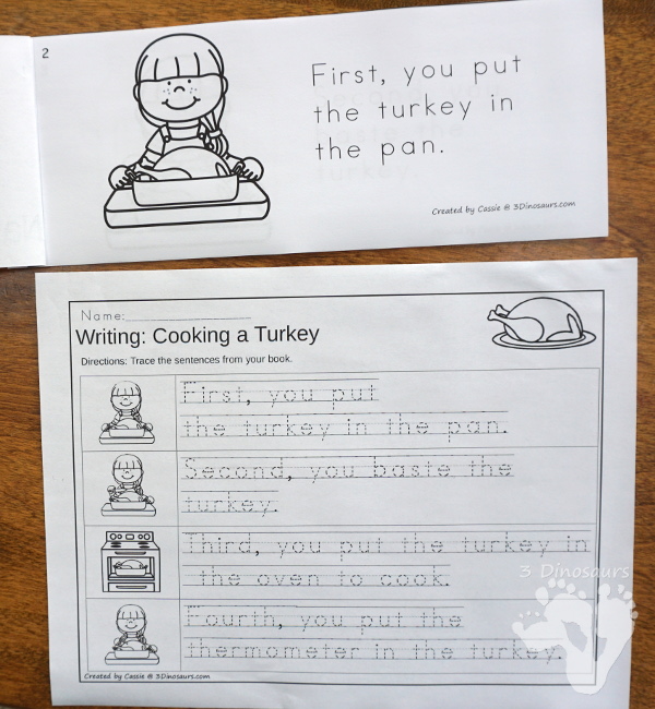 Sequencing: The First Thanksgiving & Cooking a Turkey -  with clip cards, task cards, no-prep worksheets and easy reader books $ - 3Dinosaurs.com #printablesforkids #sequencingforkids #fallprintables #tpt #teacherspayteachers