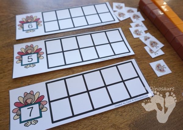 Free Turkey Ten Frame Cards - two different types of cards to use with turkeys - 3Dinosaurs.com #freeprintable #handsonlearning #thanksgivingprintables #kindergarten