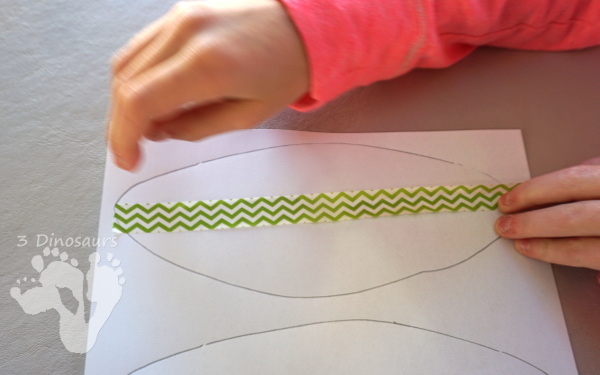 Fun Fine Motor Craft: Washi Tape Corn - easy craft to make for Thanksgiving with washi tape - 3Dinosaurs.com #craftsforkids #thanksgiving