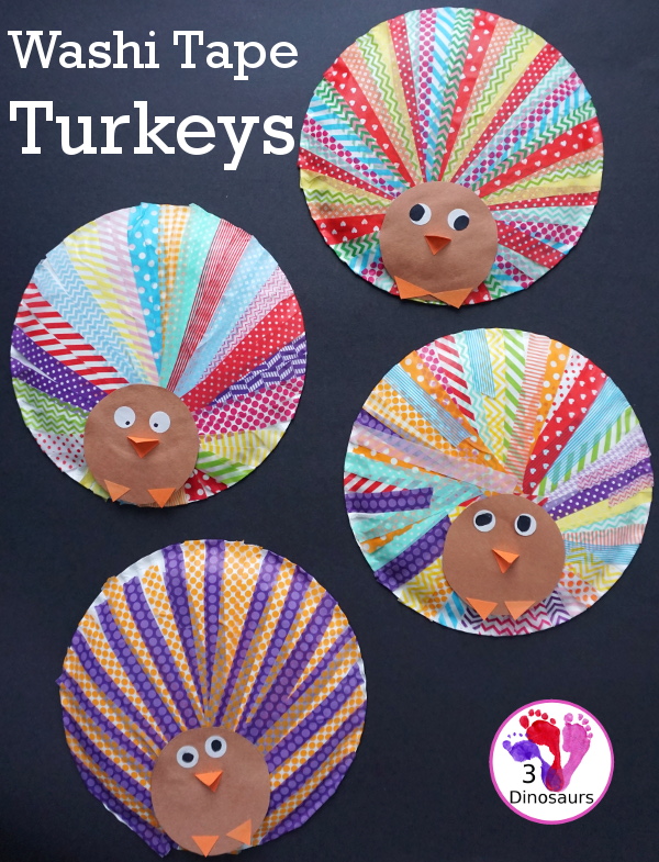 Fun to Make Washi Tape Turkeys - easy craft to make for Thanksgiving with a paper plate and washi tape - 3Dinosaurs.com #craftsforkids #thanksgiving