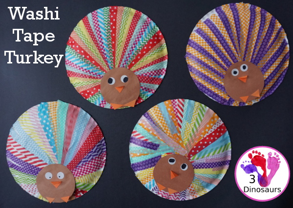 Fun to Make Washi Tape Turkeys - easy craft to make for Thanksgiving with a paper plate and washi tape - 3Dinosaurs.com #craftsforkids #thanksgiving