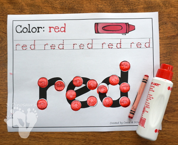 Free Color Dot Marker Words - 2 different types to work on spelling color words- 3Dinosaurs.com