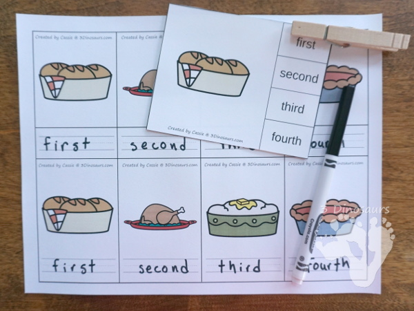 Free Sequencing Mini: Coooking Thanksgiving Dinner - 4 clip cards, 3 part cards, sequencing cut and paste, writing pages and mini book - 3Dinosaurs.com