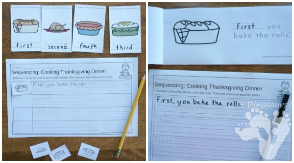 Free Sequencing Mini: Coooking Thanksgiving Dinner - 4 clip cards, 3 part cards, sequencing cut and paste, writing pages and mini book - 3Dinosaurs.com