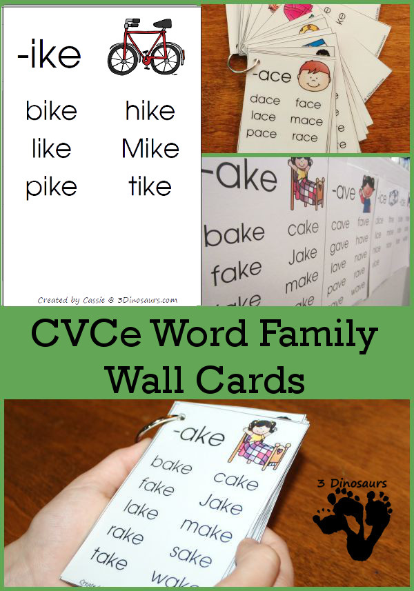 Free CVCe Word Family Wall Cards: -ace, -age, -ake, -ale, -ame, -ane, -ape, -ase, -ate, -ave, -ice, -ide, -ife, -ike, -ile, -ime, -ine, -ipe, -ise, -ite, -obe, -ode, -oke, -ole, -ome, -one, -ope, -ose, -ote, -ube, -ude, -ule, -une - - 3Dinosaurs.com