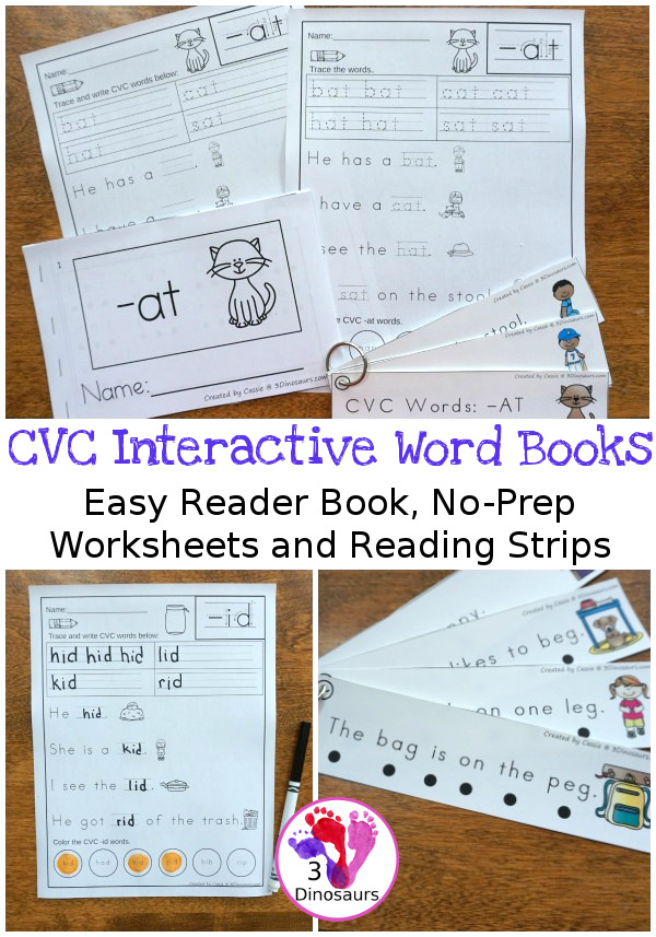 CVC Interactive Word Books with 23+ word endings in an interactive easy reader book, no-prep worksheets and reader strips $ - 3Dinosaurs.com