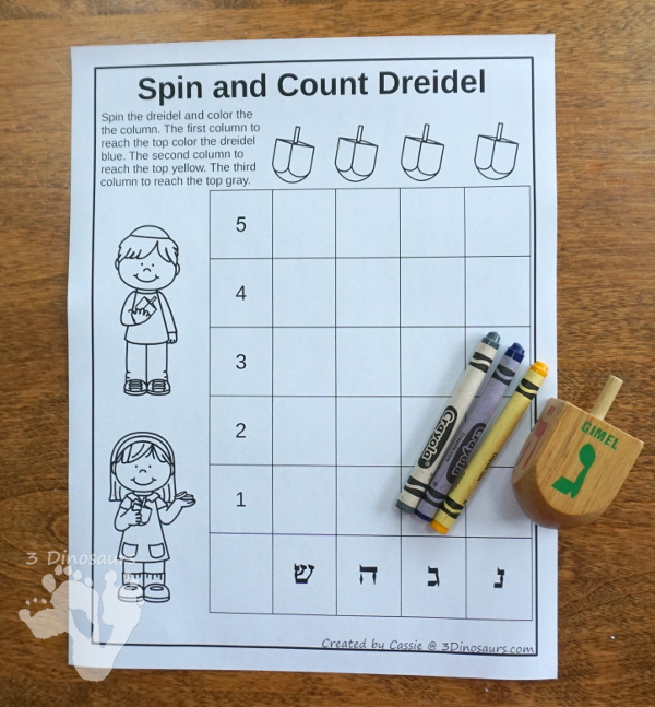 Free Hanukkah Spin & Count Dreidel - 2 graphs and one tally sheet to work on math with a dreidel - 3Dinosaurs.com