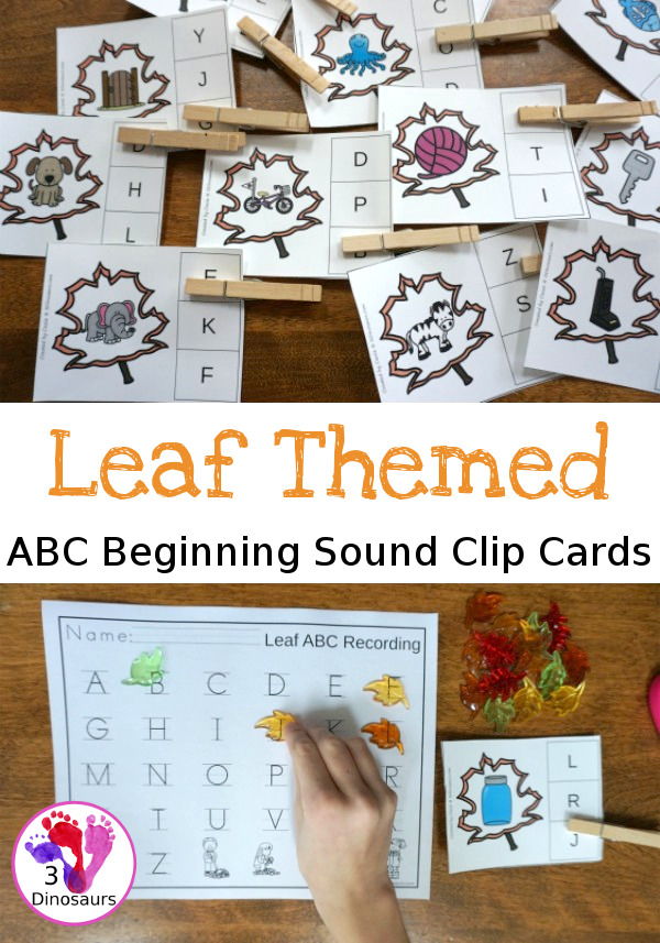 Free Leaf Beginning Sound ABC Clip Cards - 26 clip cards with 2 recording sheets in tracing and covering 10 pages of printables - 3Dinosaurs.com