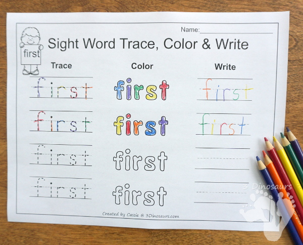 Free Romping & Roaring Second Grade Sight Words: fast, first, five, found 6 pages of printables for each word - 3Dinosaurs.com