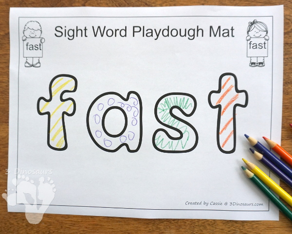 Free Romping & Roaring Second Grade Sight Words: fast, first, five, found 6 pages of printables for each word - 3Dinosaurs.com