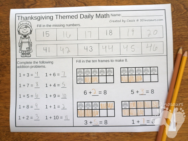 No Prep Thanksgiving Themed Addition & Subtraction and Multiplication & Division - 30 pages no-prep printables with a mix of addition and subtraction or multiplication and division activities plus a math center activities with Thanksgiving themes - 3Dinosaurs.com #noprepmath #tpt #addition #subtraction #multiplication #division #thanksgiving #fall