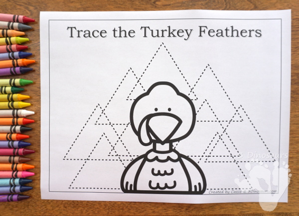 Free Turkey Feather Shape Tracing - 5 shapes for kids to learn with this easy no-prep printable - 3Dinosaurs.com #no-prep #shapes #freeprintables #kindergarten #prek