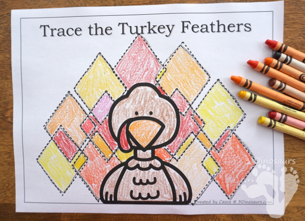 Free Turkey Feather Shape Tracing - 5 shapes for kids to learn with this easy no-prep printable - 3Dinosaurs.com #no-prep #shapes #freeprintables #kindergarten #prek