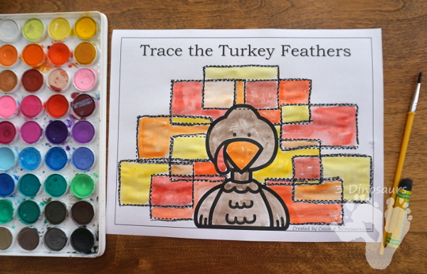 Free Turkey Feather Shape Tracing - 5 shapes for kids to learn with this easy no-prep printable - 3Dinosaurs.com #no-prep #shapes #freeprintables #kindergarten #prek