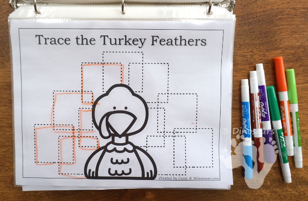 Free Turkey Feather Shape Tracing - 5 shapes for kids to learn with this easy no-prep printable - 3Dinosaurs.com #no-prep #shapes #freeprintables #kindergarten #prek