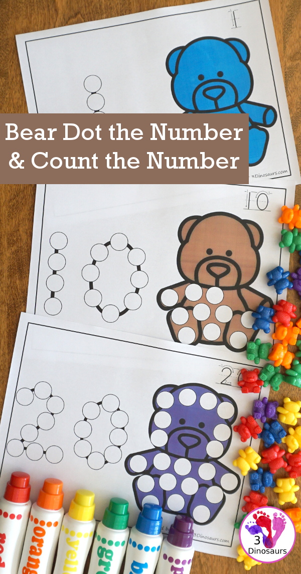 Bear Themed Dot Marker Number & Counting - this is a fun counting activity with dot markers that works on numbers 0 to 20 with color or black and white options - 3Dinosaurs.com #bearsforkids #forestforkids #numbers #counting 