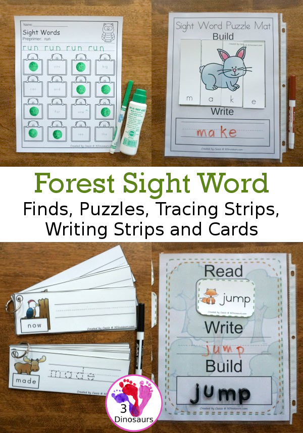 Forest Themed Sight Word Activities - Puzzles, cards, tracing strips, writing strips and find - using the Dolch Sight Word lists - These are a great way to work on spelling, writing, reading and more - 3Dinosaurs.com