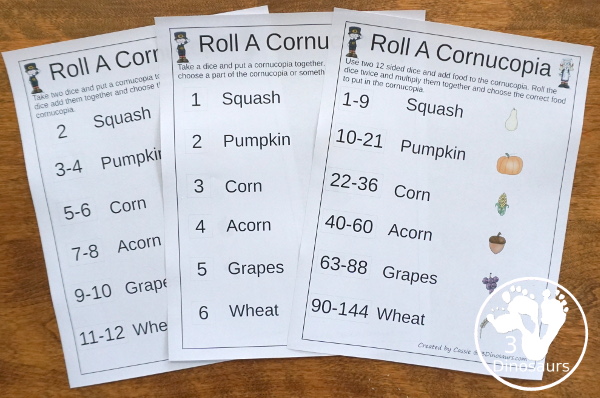 Free Roll A Cornucopia Printable - an easy way to work on counting 1 to 6, addition up to 12, or multiplication 1 to 6 or 1 to 12 with a hands-on math and recording sheet for addition and multiplication - 3Dinosaurs.com