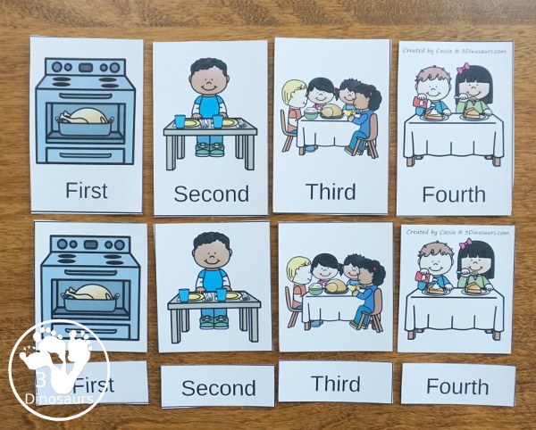 Sequencing: Thanksgiving Dinner with clip cards, task cards, no-prep worksheets and easy reader books $ - 3Dinosaurs.com #printablesforkids #sequencingforkids #thanksgiving #thanksgivingdinner #tpt #teacherspayteachers