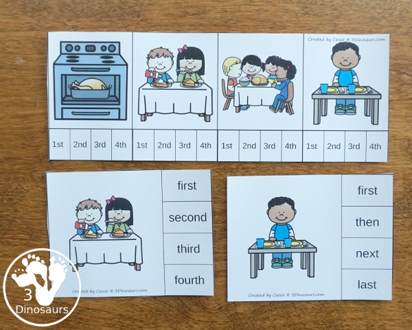 Sequencing: Thanksgiving Dinner with clip cards, task cards, no-prep worksheets and easy reader books $ - 3Dinosaurs.com #printablesforkids #sequencingforkids #thanksgiving #thanksgivingdinner #tpt #teacherspayteachers