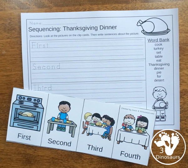 Sequencing: Thanksgiving Dinner with clip cards, task cards, no-prep worksheets and easy reader books $ - 3Dinosaurs.com #printablesforkids #sequencingforkids #thanksgiving #thanksgivingdinner #tpt #teacherspayteachers