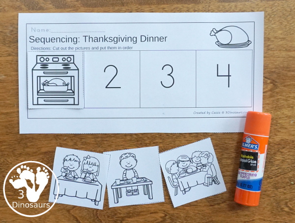 Sequencing: Thanksgiving Dinner with clip cards, task cards, no-prep worksheets and easy reader books $ - 3Dinosaurs.com #printablesforkids #sequencingforkids #thanksgiving #thanksgivingdinner #tpt #teacherspayteachers