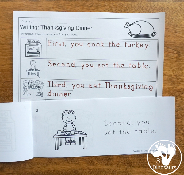 Sequencing: Thanksgiving Dinner with clip cards, task cards, no-prep worksheets and easy reader books $ - 3Dinosaurs.com #printablesforkids #sequencingforkids #thanksgiving #thanksgivingdinner #tpt #teacherspayteachers