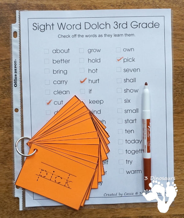 Free Sight Words Dolch Lists- two list types for each sight word list in the Dolch Sight Word lists - 3Dinosaurs.com