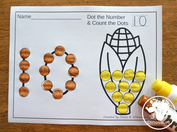 Turkey, Corn and Pie Themed Dot Marker Number & Counting - this is a fun counting activity with dot markers that works on numbers 0 to 20 with color or black and white options - 3Dinosaurs.com #thanskgivingactivities #dotmaker #doadot #numbers #counting 