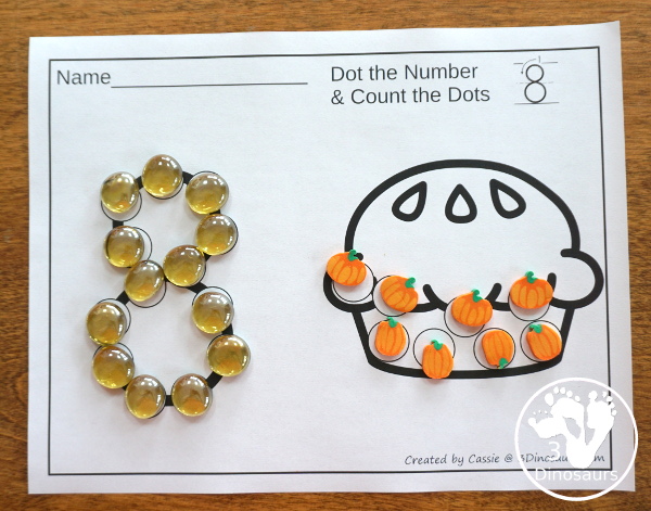 Turkey, Corn and Pie Themed Dot Marker Number & Counting - this is a fun counting activity with dot markers that works on numbers 0 to 20 with color or black and white options - 3Dinosaurs.com #thanskgivingactivities #dotmaker #doadot #numbers #counting 