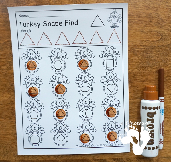 Turkey Themed Shape Find: shape and shape word with tracing $ - 12 shapes in all for kids to learn with - 3Dinosaurs.com