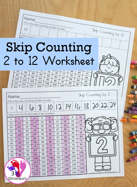 Free Skip Counting 2 to 12 No-Prep Worksheet - 11 pages of skip counting printables from 2 to 12 for kids to fill in the number and color the numbers - 3Dinosaurs.com #firstgrade #secondgrade #skipcounting #freeprintable #kindergarten #printablesforkids