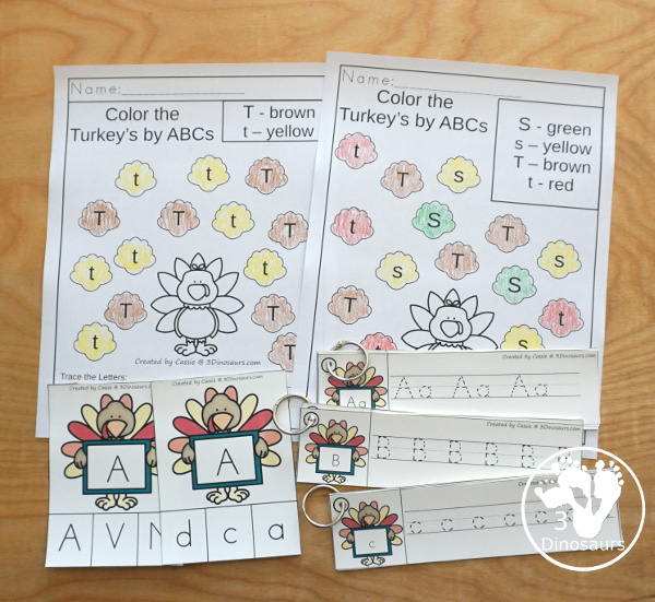 Turkey Activities Pack:  Turkey ABC find and color, Find & color with tracing letters, ABC clip cards uppercase and ABC clip cards with matching uppercase with lowercase, ABC Tracing strips with uppercase and lowercase, uppercase only, and lowercase only.- 3Dinosaurs.com