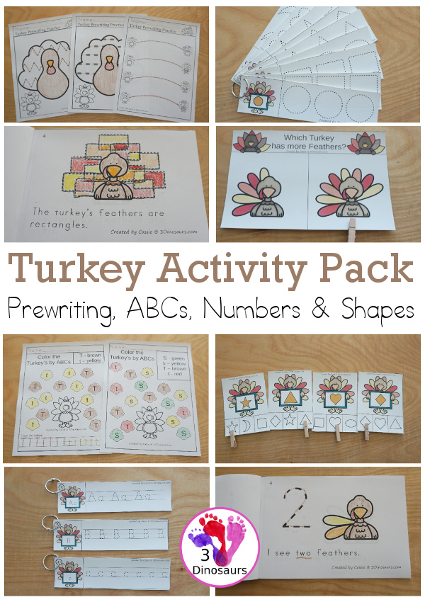 Turkey Activity Pack: Prewriting, Shapes, ABCs, & Numbers - with no-prep pages, easy reader books, and tracing strips with different activities for each learning area. It has 189 pages of printables for kids to use - 3Dinosaurs.com