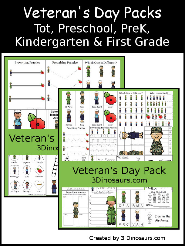 Free Veterans Day Pack for Tot, Preschool, Kindergarten - with two fun packs with different levels of learning activities about Veterans and Veteran's Day - 3Dinosaurs.com