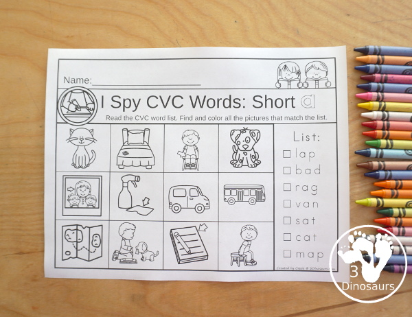 CVC Word Family I Spy Picture & Words - 38 pages of printable worksheets with CVC short vowel words and each page has one vowel or mixed vowel sound and seven words to find - 3Dinosaurs.com #3dinosaurs #kindergarten #firstgrade #cvc #wordfamily #learningtoread #shortvowels