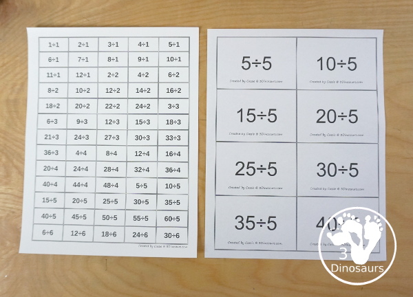 Free Mini Division Flashcards - really small flashcards that work great in sensory bins or bottles and a fun and different way to work on division.  - 3Dinosaurs.com