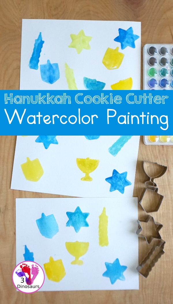 Hanukkah Watercolor Cookie Cutter Painting - a simple watercolor painting for Hanukkah using Hanukkah themed cookie cutters - 3Dinosaurs.com