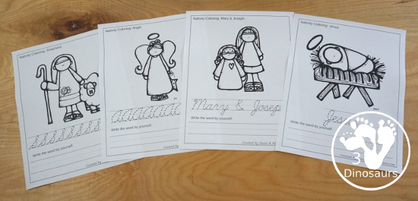 Free Nativity Coloring with Word Print & Cursive  with 9 nativity words and four options for the coloring - 3Dinosaurs.com