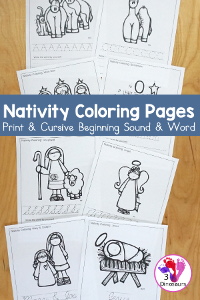 Free Nativity Coloring Printable with Word Print & Cursive