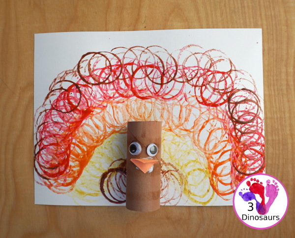 Easy to make Paper Roll Turkey Craft - a fun paper roll stamped turkey for kids to make for Thanksgiving - 3Dinosaurs.com